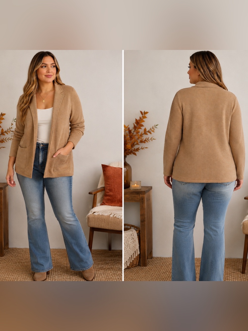 Banana Republic Camel Heavy Knit Open Front Blazer Cardigan Sweater Large